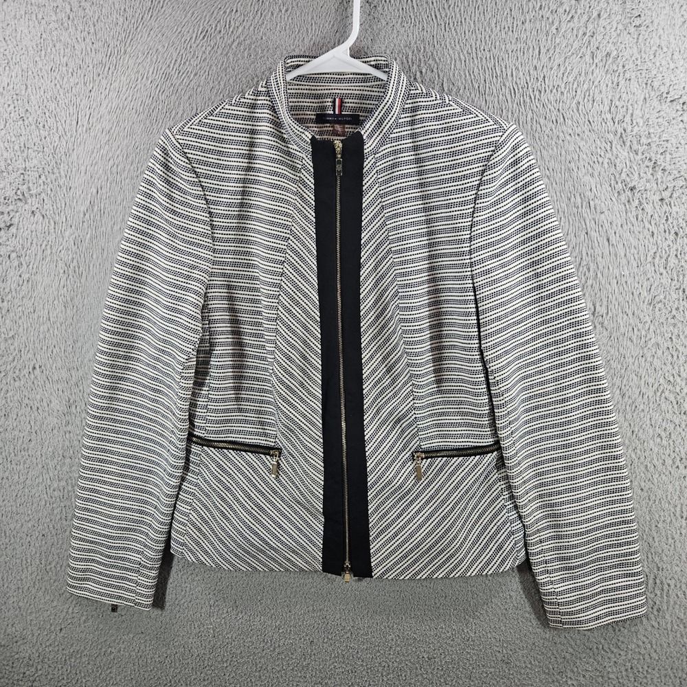 Tommy Hilfiger Womens Black White Striped Zip Up Jacket Elbow Patches Size 8
